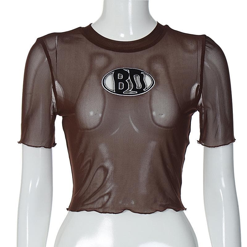 Short sleeve sheer mesh see through ruffle embroidery crop top