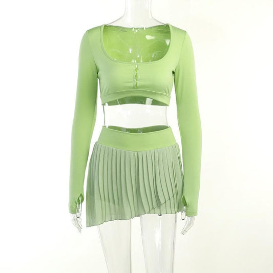 Hollow out solid gloves pleated long sleeve mini skirt set - Final Sale