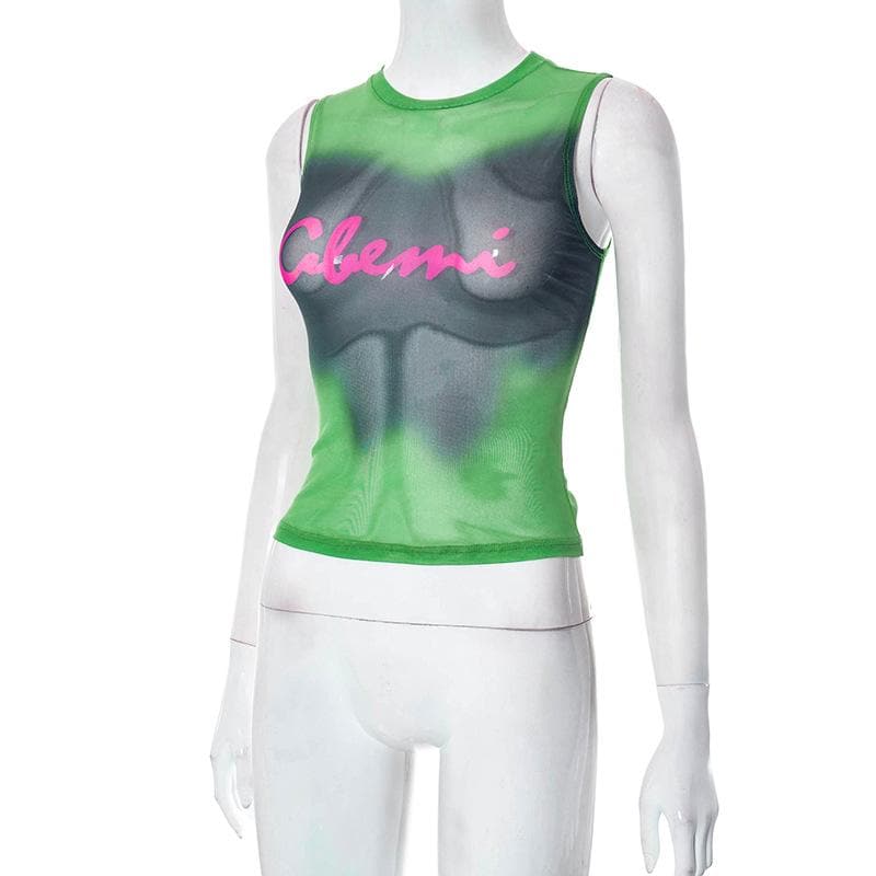 Sheer mesh see through tie dye sleeveless contrast top
