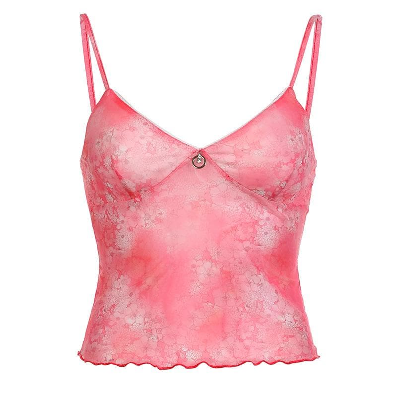Top corto con volant e stampa floreale in rete trasparente con scollo a V