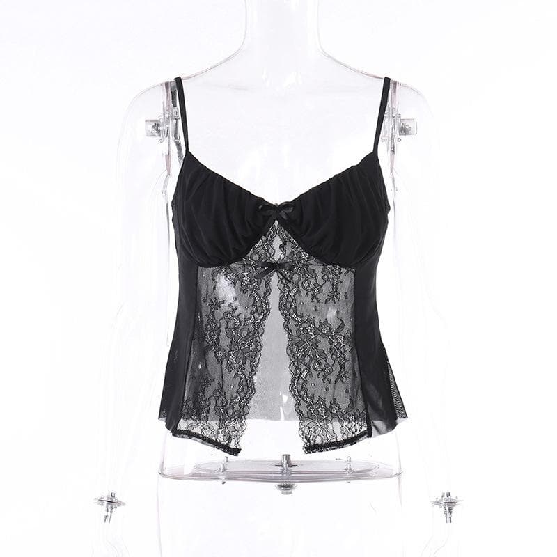 Top corto con scollo a V e spacco in pizzo patchwork arricciato