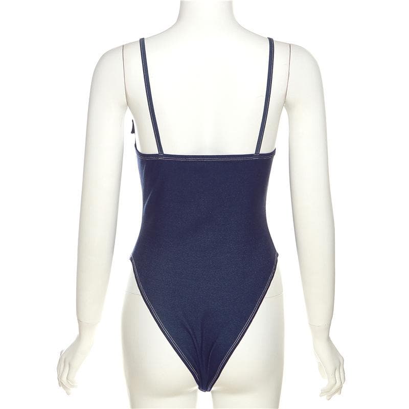 Body in denim con scollo a V, schiena scoperta e cerniera
