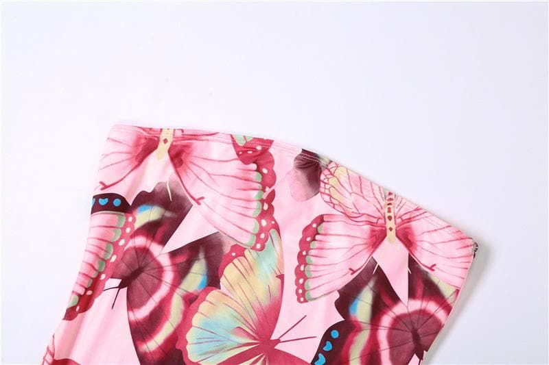 Rückenfreies Maxi-Tube-Kleid mit Schmetterlings-Print und kontrastierenden unregelmäßigen Rüschen