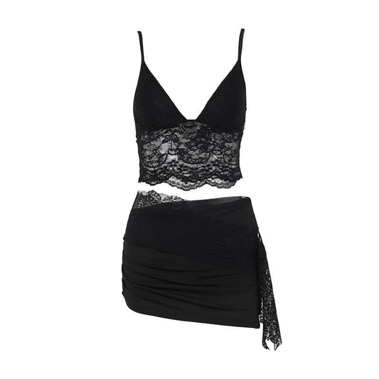 Lace v neck backless ruched irregular solid cami mini skirt set