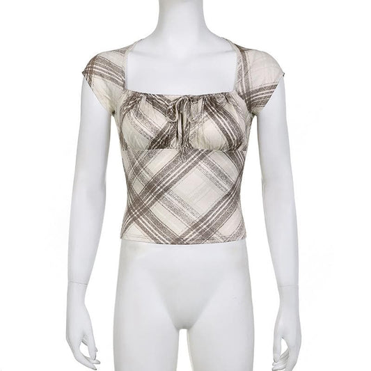 Cap sleeve contrast plaid ruched square neck crop top