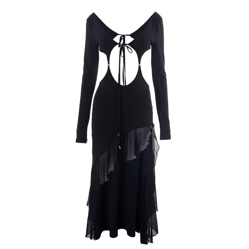 Solid long sleeve hollow out slit ruffle self tie irregular midi dress