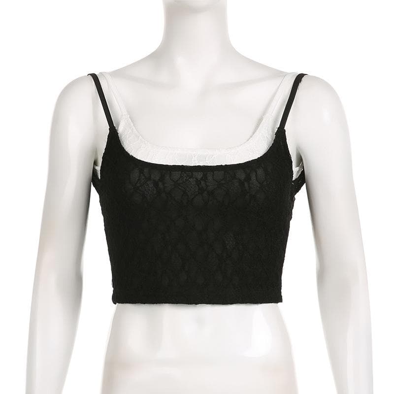 Top corto senza maniche con schiena scoperta e contrasto in pizzo patchwork