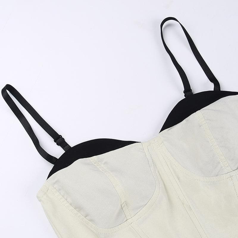 Top canotta senza schienale a contrasto con scollo a cuore e corsetto patchwork