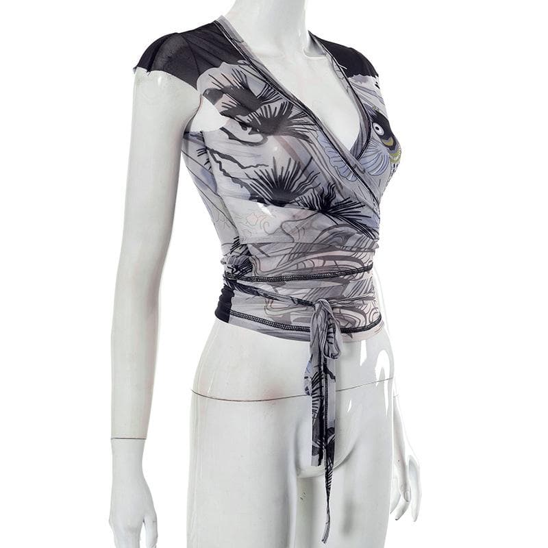 Sheer mesh see through contrast v neck self tie cap sleeve crop top
