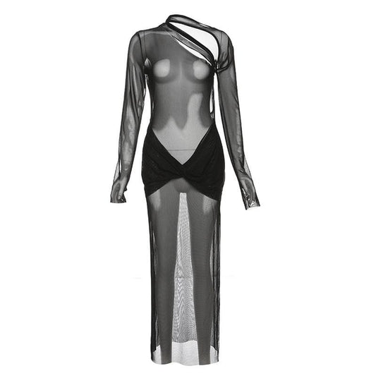 Mesh see through irregular long sleeve hollow out backless solid maxi dress