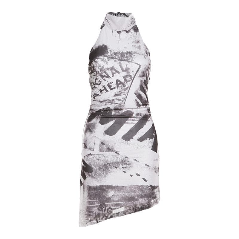 Rückenfreies Neckholder-Minikleid mit unregelmäßigem Selbstschnüren und Kontrastdruck