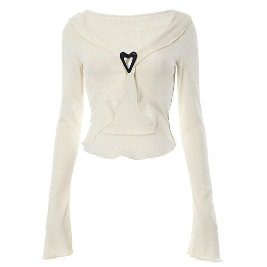 Ribbed flared sleeve heart applique ruffle v neck crop top