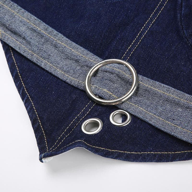 Top corto in denim con scollo a V, fibbia a contrasto con cuciture, lacci e schiena scoperta