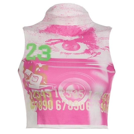 Sleeveless high neck abstract contrast crop top