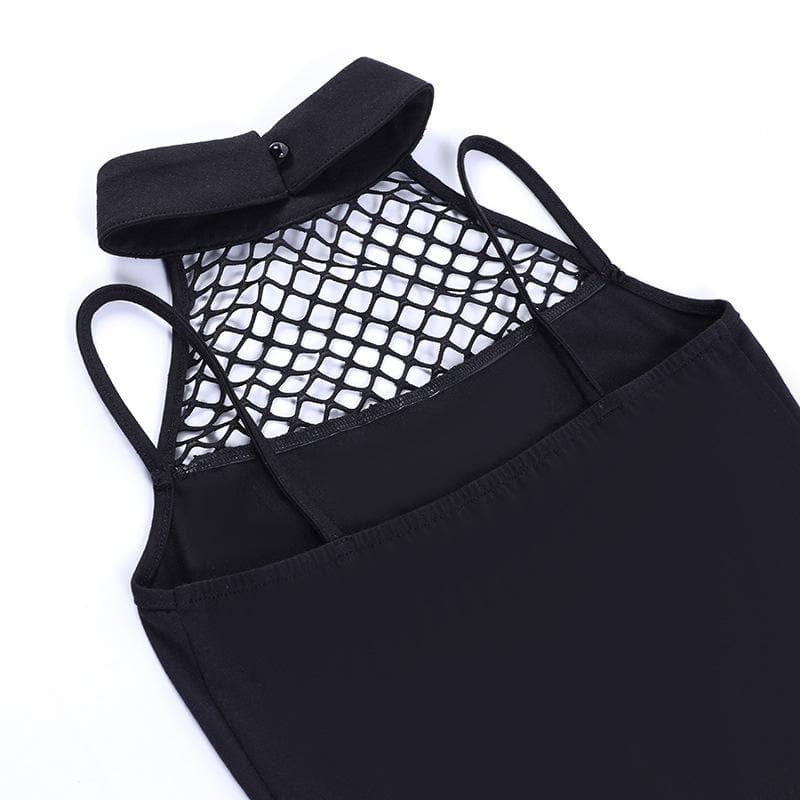 Halter backless abstract button contrast fishnet crop top