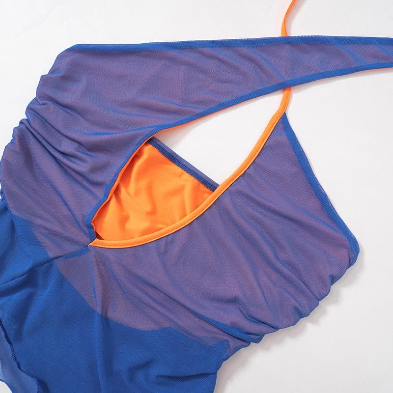 Contrast halter hollow out irregular self tie mesh mini skirt set