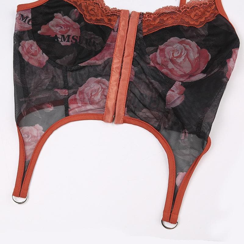 Backless u neck button mesh lace hem flower print cami crop top