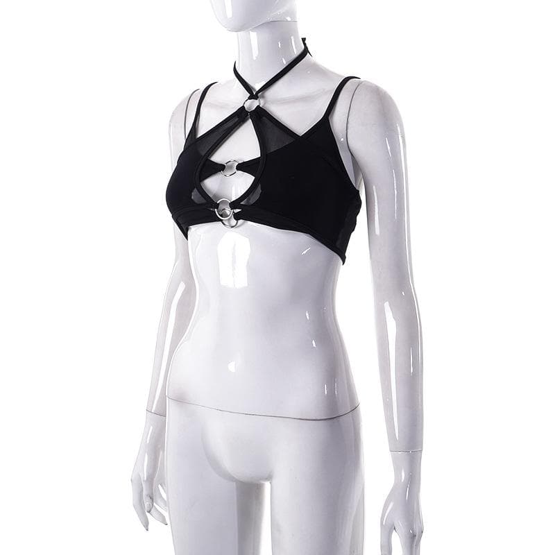 Top corto in rete con scollo a V, senza schienale, in patchwork e con scollo a V