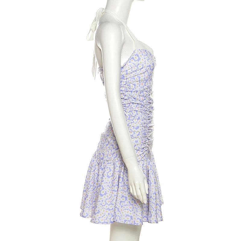 Rückenfreies Minikleid mit Blumenmuster, Kontrast-Rüschen und Neckholder und Reißverschluss