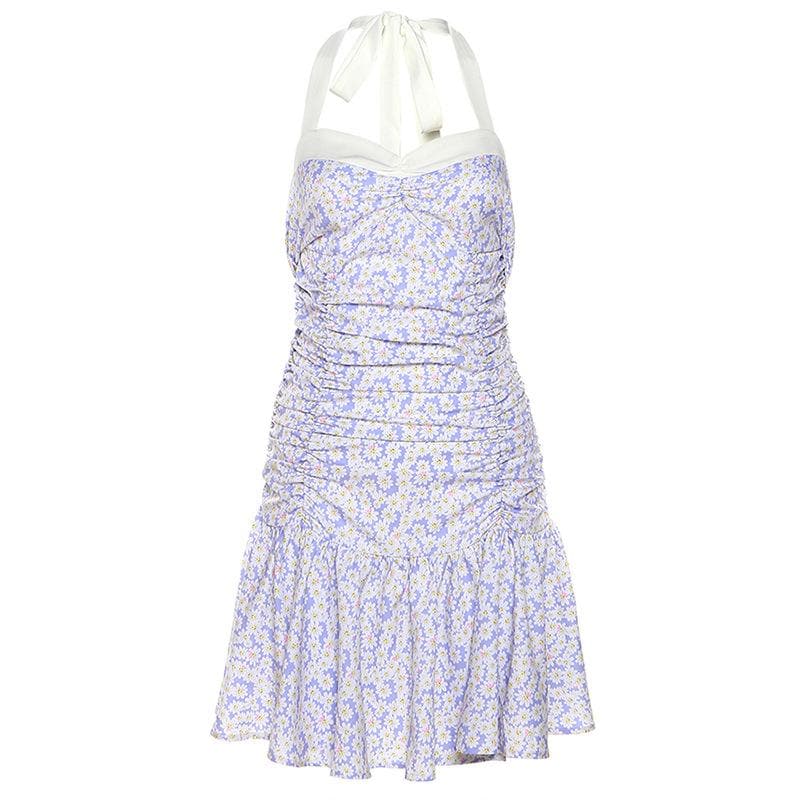 Rückenfreies Minikleid mit Blumenmuster, Kontrast-Rüschen und Neckholder und Reißverschluss