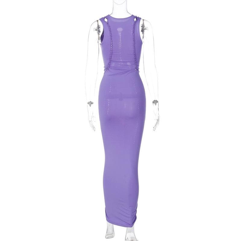 Crewneck sleeveless hollow out solid ruched maxi dress