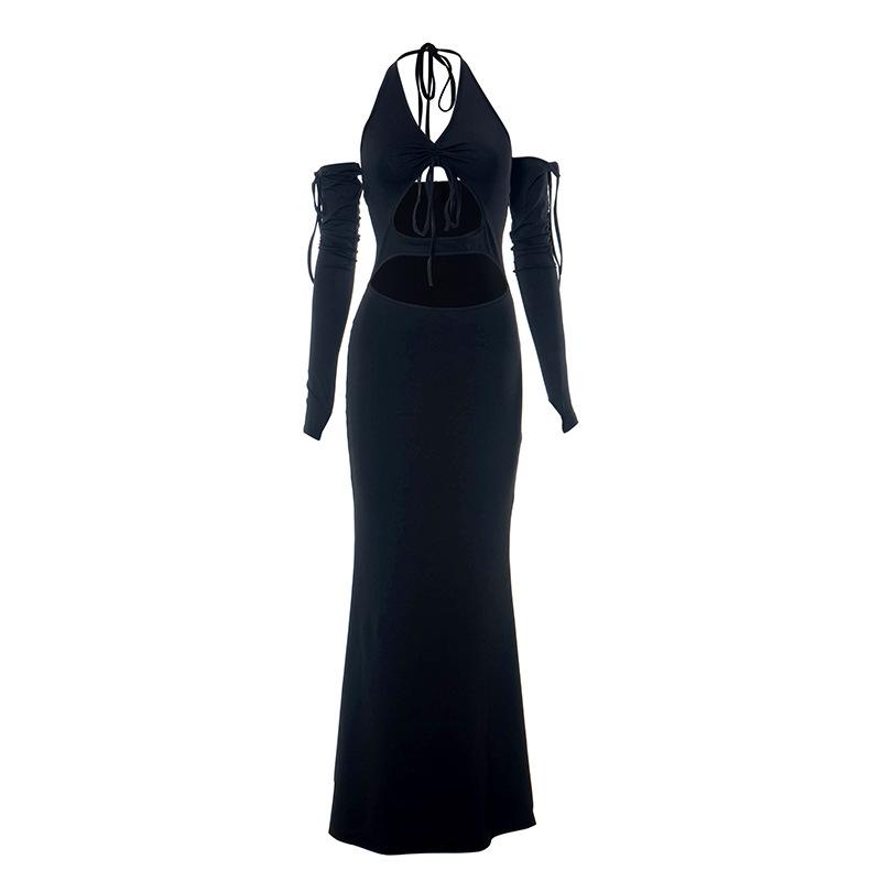 Maxikleid zum Selbstbinden mit ausgehöhlten Neckholder-Handschuhen