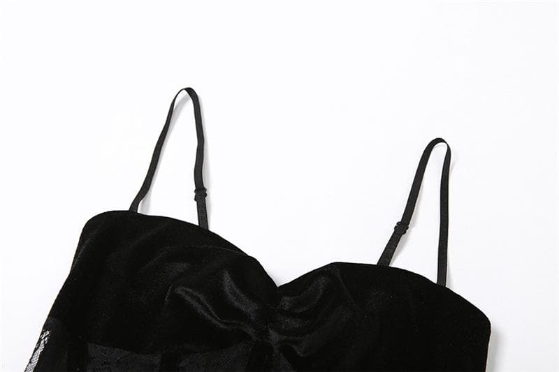 Top corto in velluto tinta unita con corsetto in rete arricciata