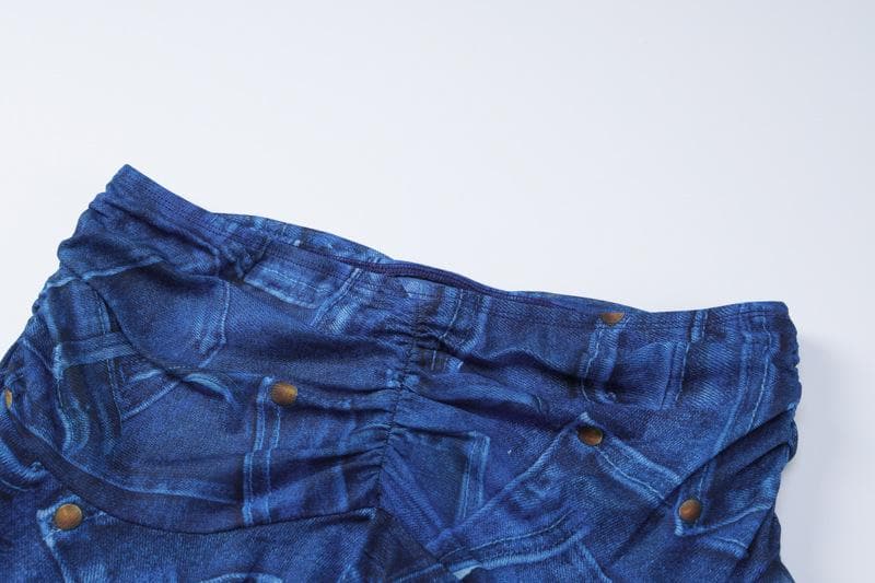 Backless cowl neck metal chain denim print ruched mini skirt set
