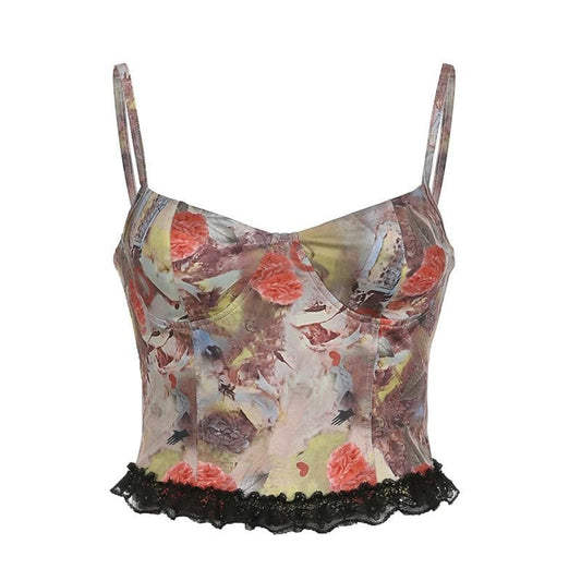 Backless v neck lace hem contrast print cami crop top