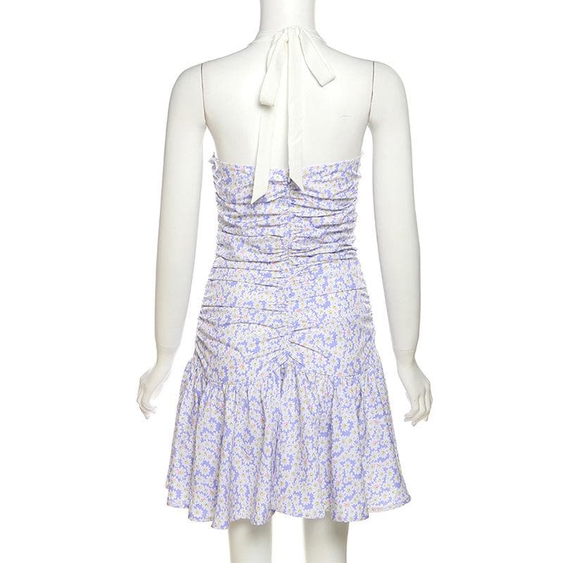 Rückenfreies Minikleid mit Blumenmuster, Kontrast-Rüschen und Neckholder und Reißverschluss