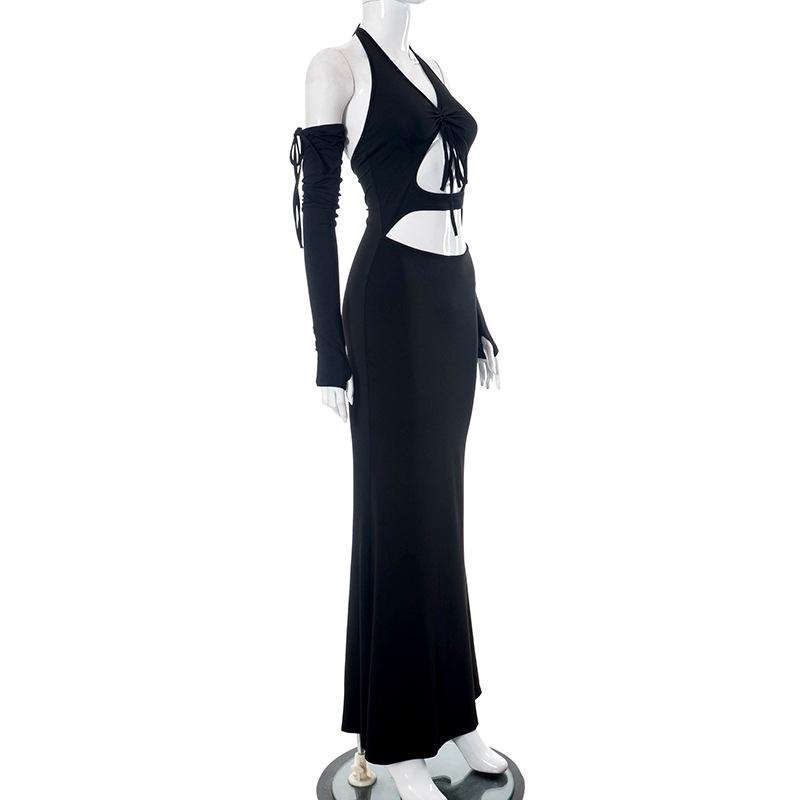 Maxikleid zum Selbstbinden mit ausgehöhlten Neckholder-Handschuhen