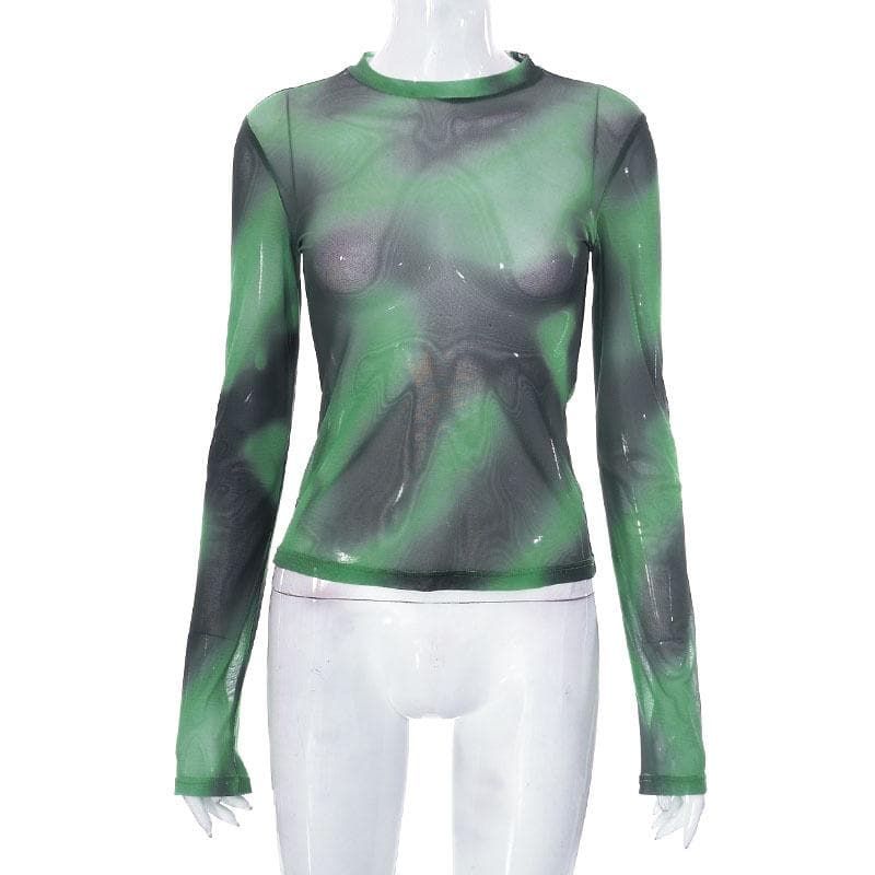 Maglia a rete trasparente con stampa tie-dye a maniche lunghe e scollo rotondo a contrasto