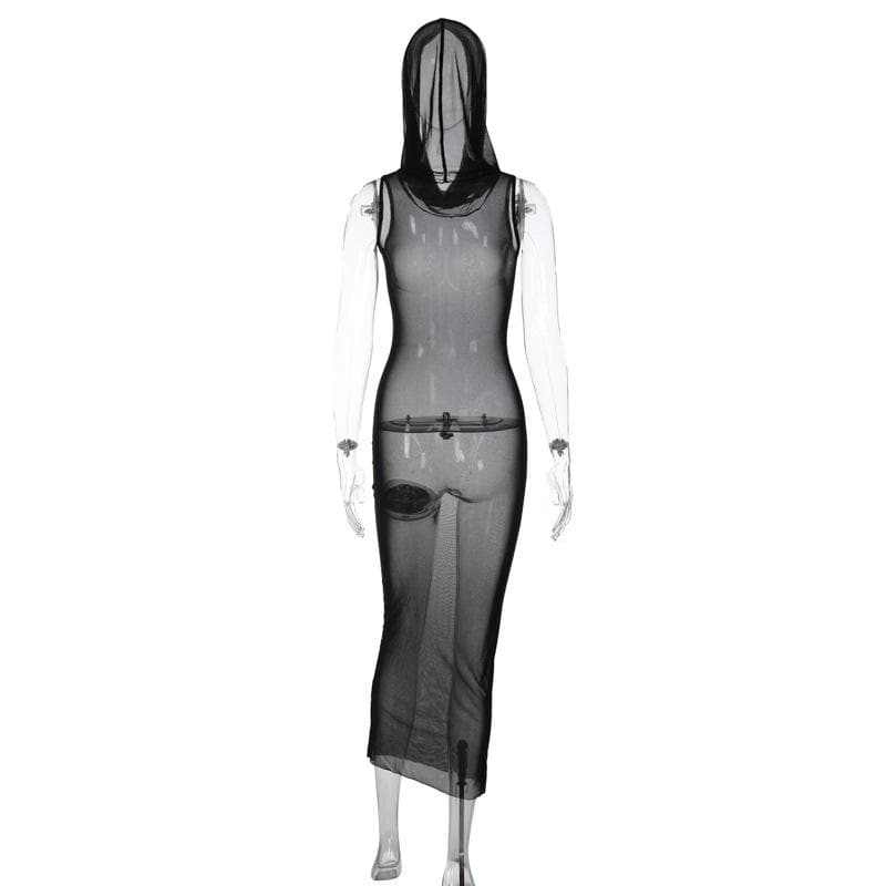 Ärmelloses Maxikleid mit Kapuze und transparentem Netzstoff