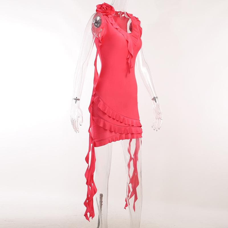 Ärmelloses Minikleid mit V-Ausschnitt, Rüschen und Blumenapplikation