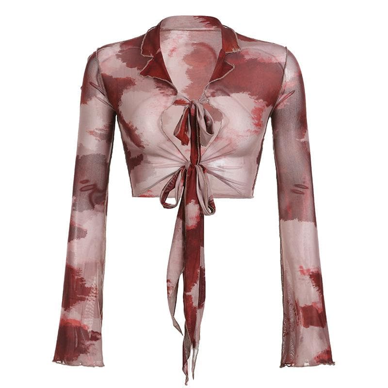 Top corto in rete trasparente con volant tie-dye a maniche lunghe e annodabile