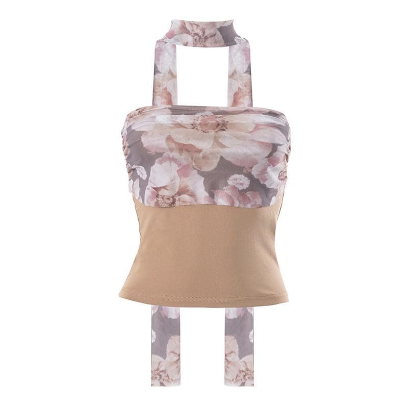 Top a tubino con schiena scoperta e arricciature a contrasto con stampa patchwork floreale