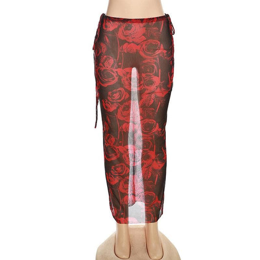 Contrast sheer mesh flower print self tie midi skirt