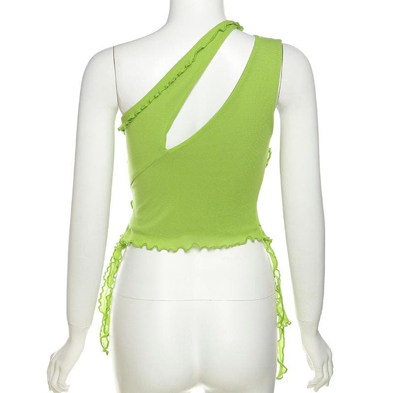 Irregular hollow out ruffle mesh solid one shoulder top