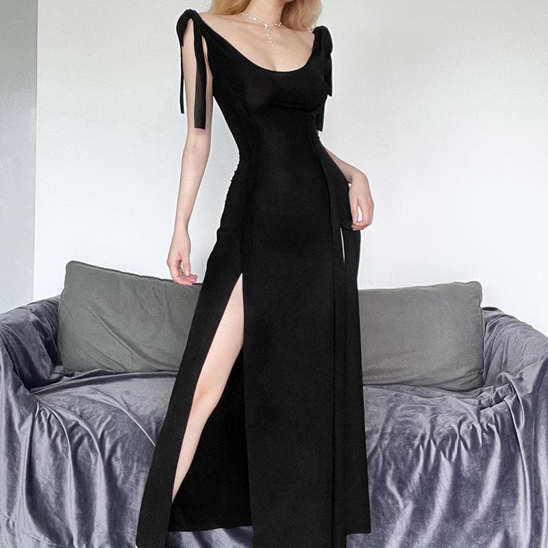 Ärmelloses Maxikleid zum Selbstbinden mit U-Ausschnitt, Schlitz und Rücken