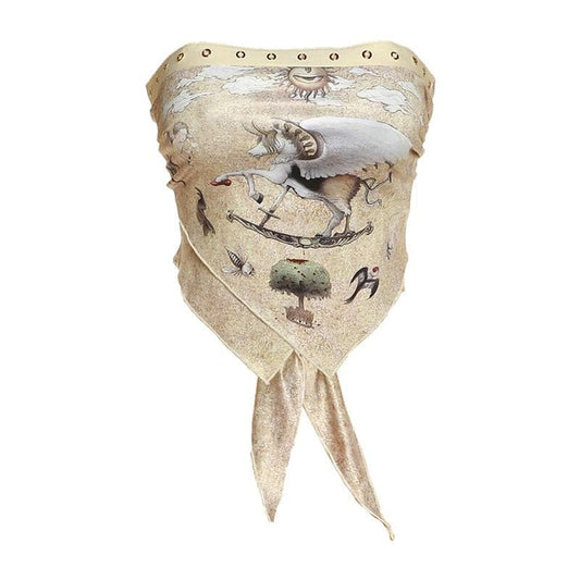 Abstract Print Contrast Self Tie Backless Tube Crop Top