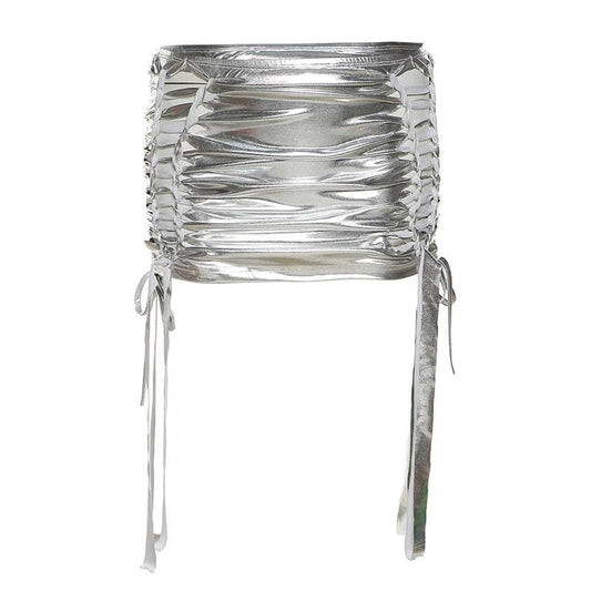 Ruched drawstring hollow out metallic self tie solid mini skirt - Final Sale