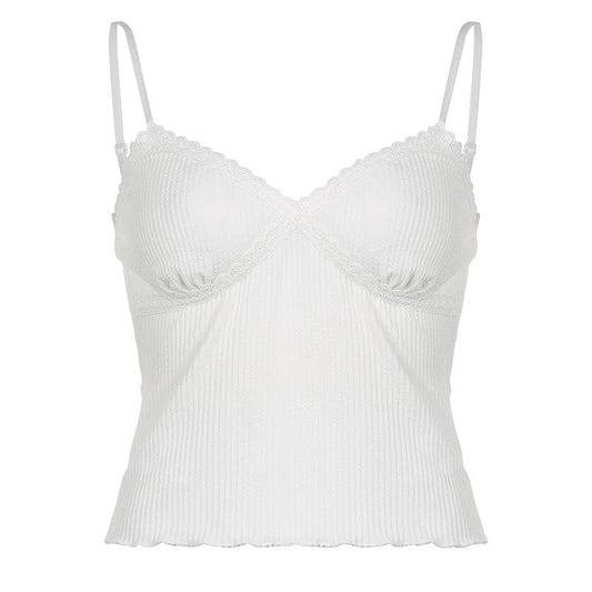 Ribbed solid lace hem v neck ruffle cami top