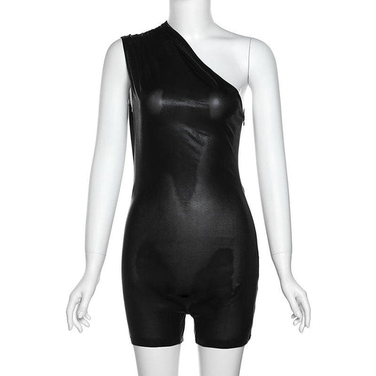 Unregelmäßiger One-Shoulder-Strampler mit Reißverschluss in Metallic-Optik