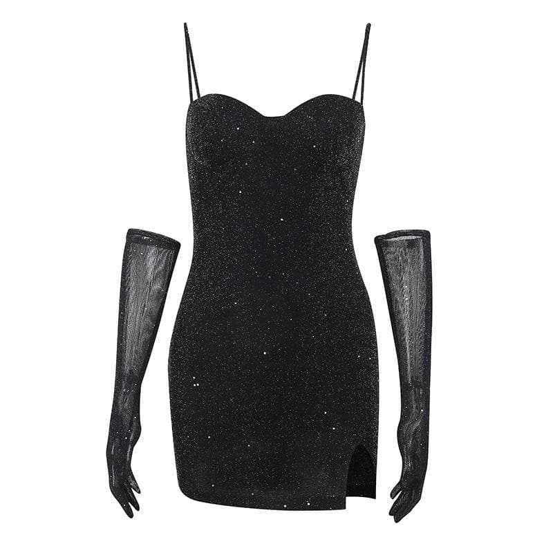 Minikleid mit Camisole-Ausschnitt und Schlitz mit Perlen und Handschuhen - Schlussverkauf
