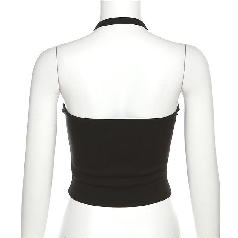 Top corto con scollo a U, schiena scoperta, catena in metallo e perline a stella