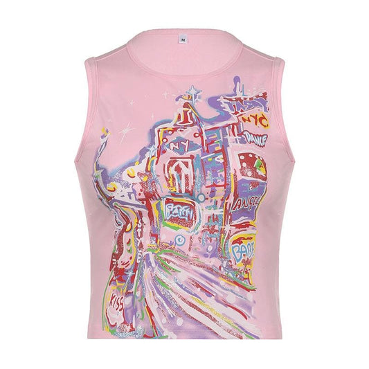 Sleeveless crewneck abstract contrast top