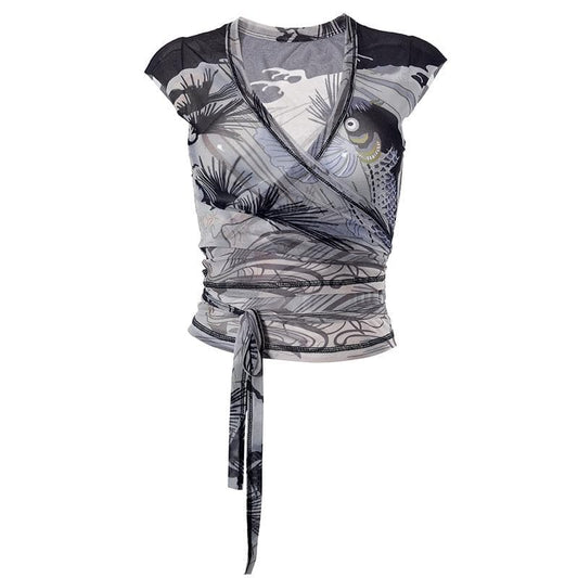 Sheer mesh see through contrast v neck self tie cap sleeve crop top