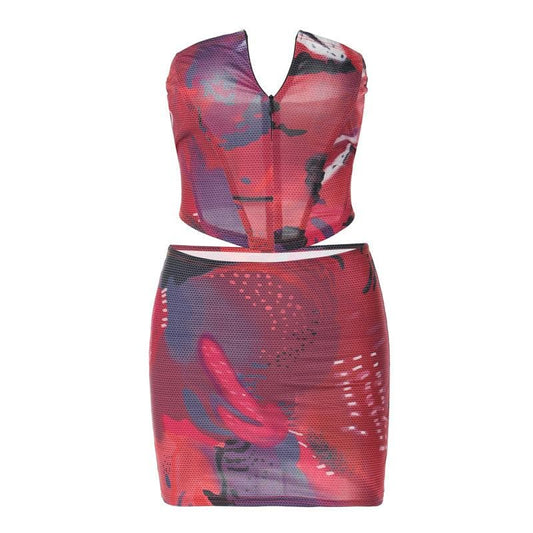 Contrast zip-up backless corset low rise mini skirt set