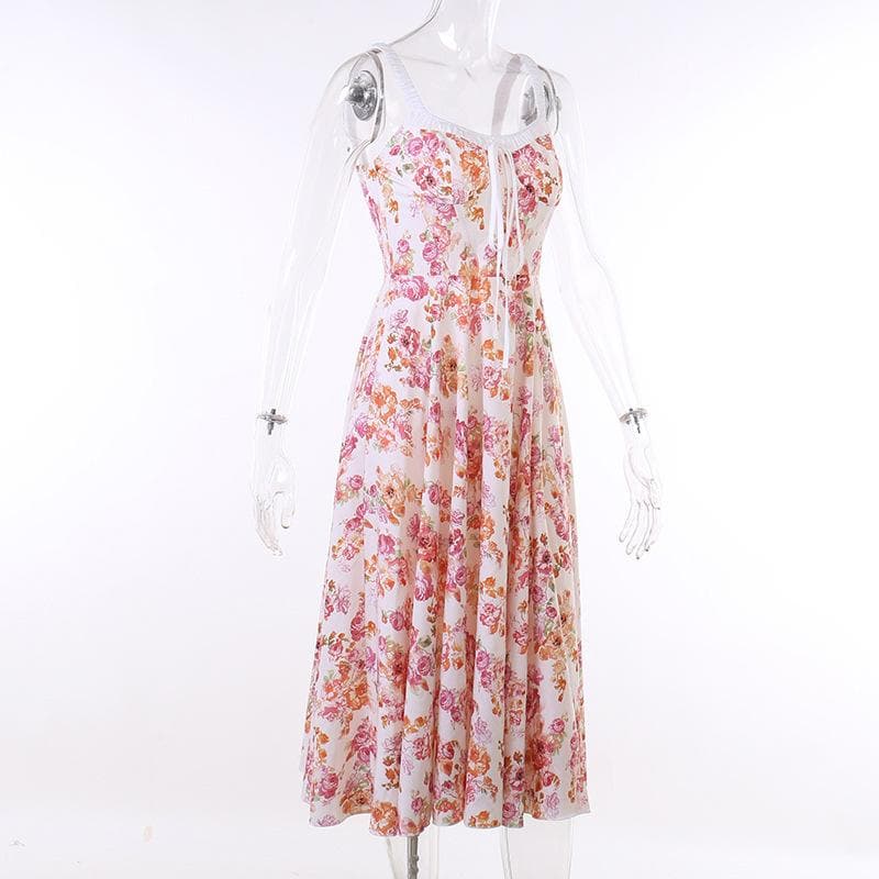 Ärmelloses Midikleid mit Blumenmuster, Rüschen und Selbstschnürung, kontrastierendem Schlitz und Reißverschluss