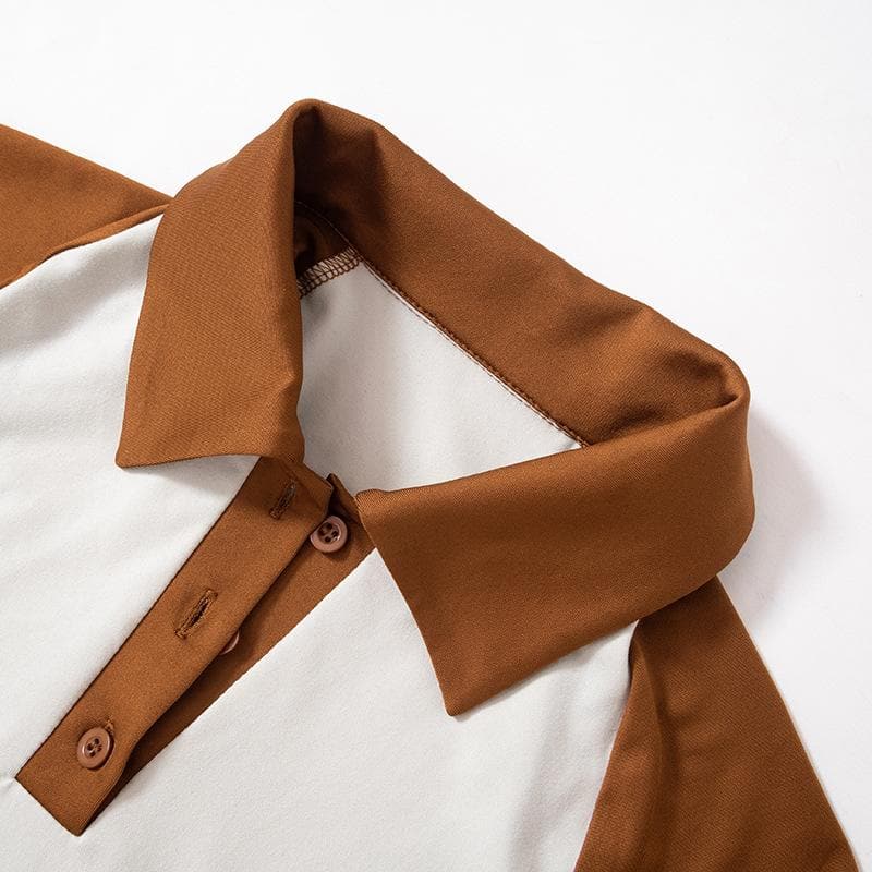 Top corto con colletto rovesciato, maniche corte, bottoni, guanti e patchwork a contrasto